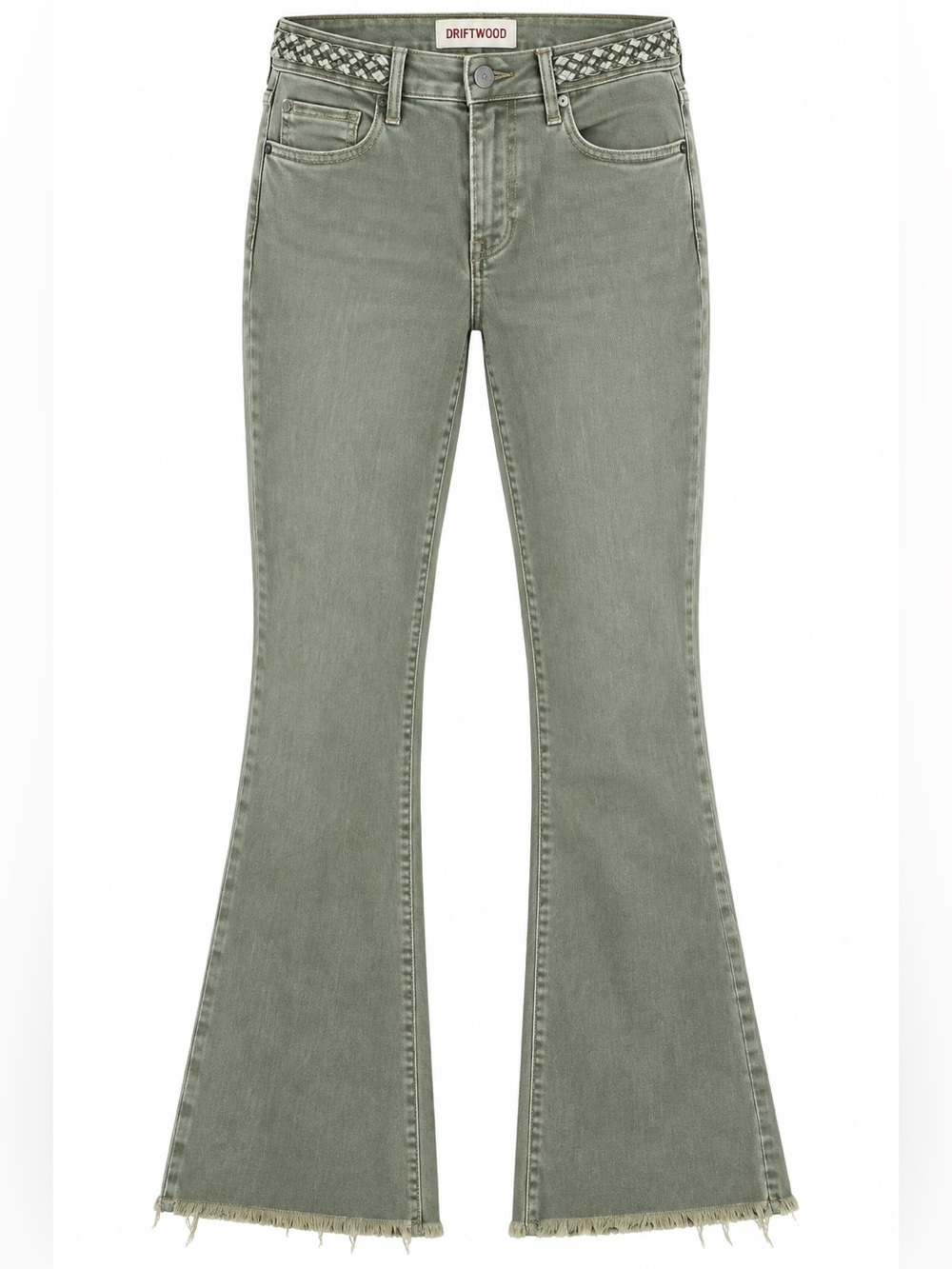 Driftwood Olive Green Kick Flare Jeans 27 Raw Hem Boho Western Embroidered Chic